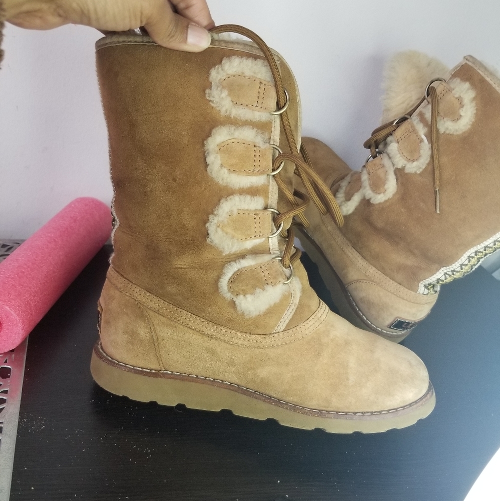 Ugg Womens Boots 7 Rommy Chestnut Suede Leather Sherpa Fur Lined Lace Up Shoes - Picture 8 of 11